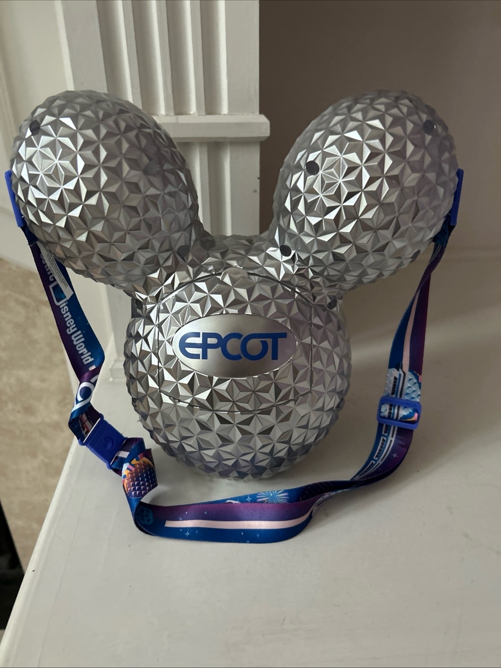 Disney Epcot Spaceship Earth Silver Mickey Ear Popcorn Bucket with Lanyard